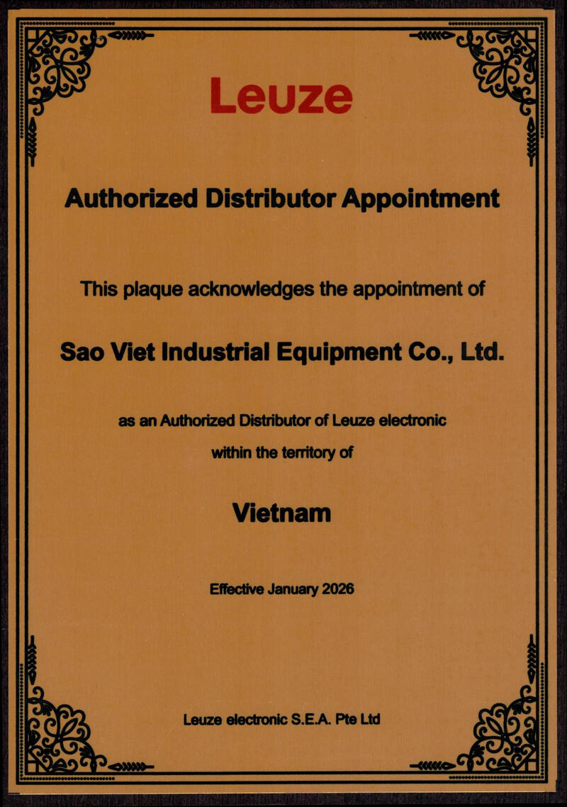 Chứng nhận đại lý chính thức (Authorized Distributor Appointment) của Leuze electronic S.E.A. Pte Ltd cấp cho Sao Viet Industrial Equipment Co., Ltd. tại Việt Nam, hiệu lực từ tháng 1/2026