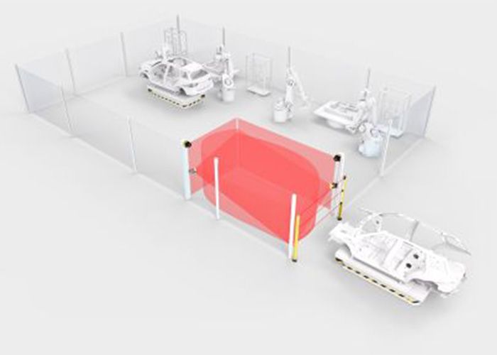 Cổng AGV hai chiều Leuze — bảo vệ lối vào cell sản xuất pin cho AGV qua lại hai hướng