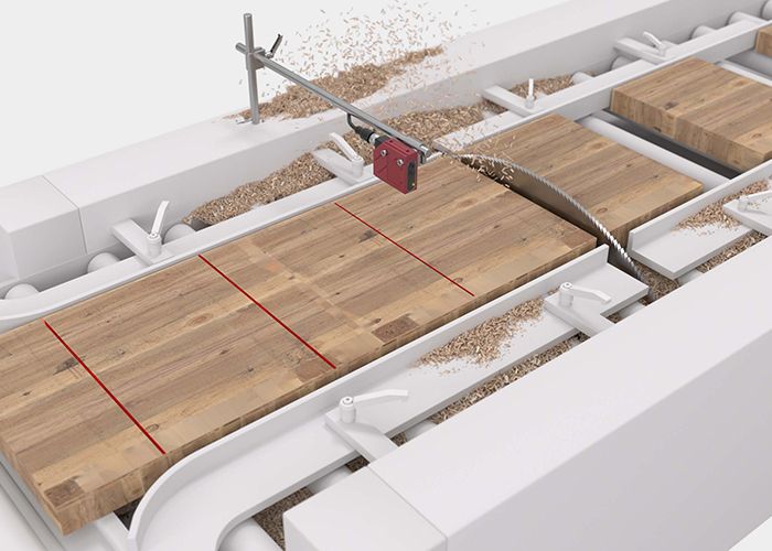 Cảm biến huỳnh quang LRT8 phát hiện dấu màu trên gỗ để điều khiển tự động máy cưa