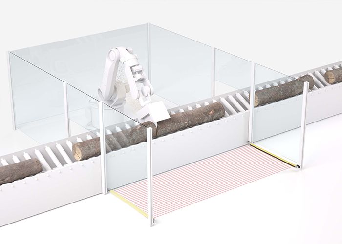 Màn chắn an toàn MLC bảo vệ điểm nguy hiểm tại khu vực robot trong nhà máy gỗ