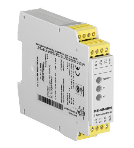 Rơle an toàn Leuze — module relay lắp rail DIN xử lý tín hiệu cảm biến an toàn đạt PL e SIL 3